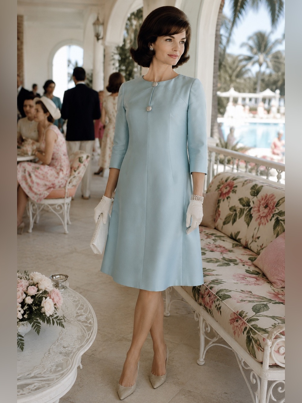 Vintage Roberta New York Powder Blue Jackie O Cocktail Dress 3/4 Sleeve A-Line